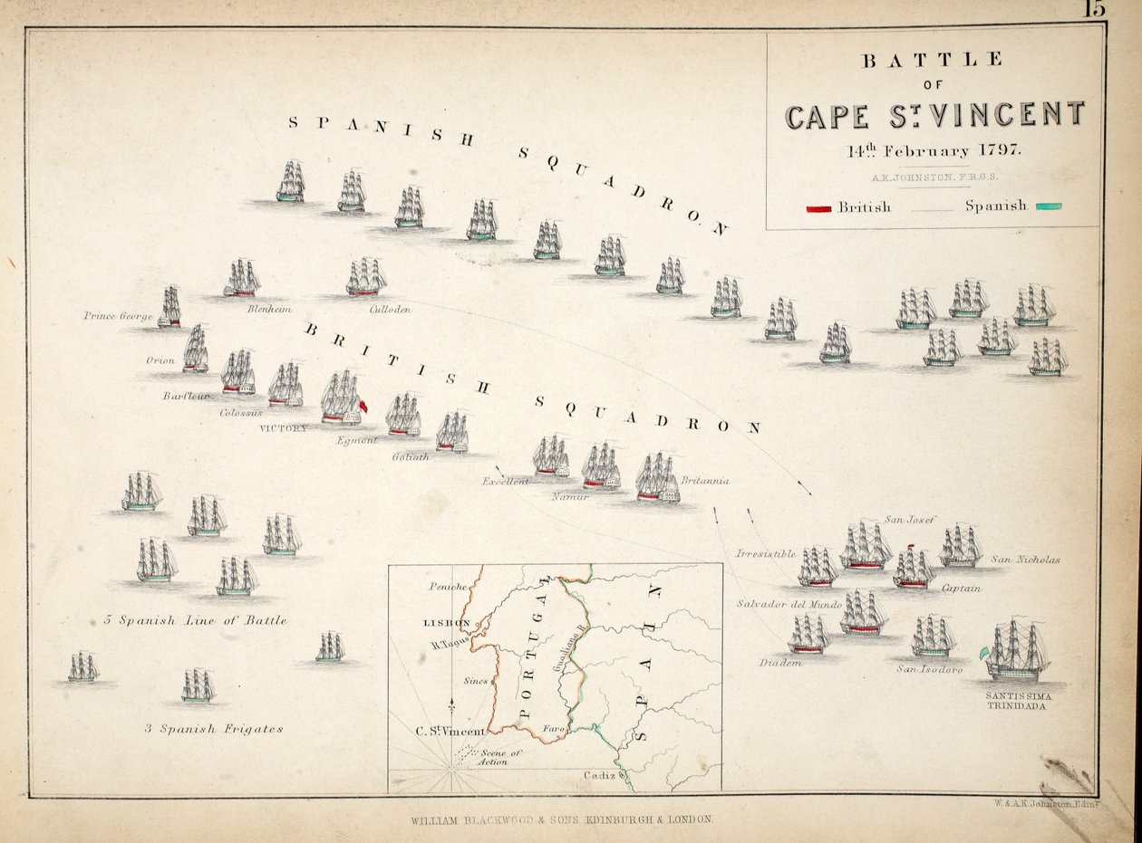 Kort over slaget ved Cape St. Vincent, udgivet af William Blackwood and Sons, Edinburgh og London, 1848 (håndkoloreret gravering) af Alexander Keith Johnston