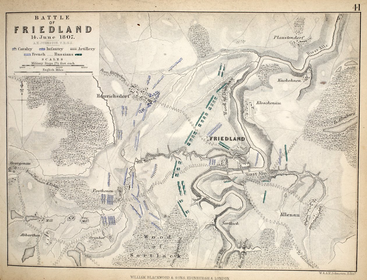 Kort over slaget ved Friedland, udgivet af William Blackwood and Sons, Edinburgh og London, 1848 (håndfarvet gravering) af Alexander Keith Johnston