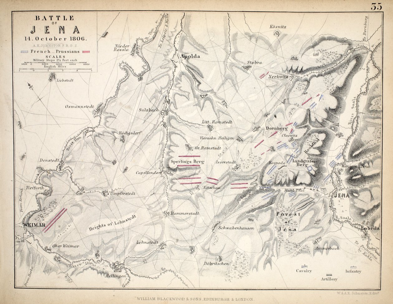 Kort over slaget ved Jena, udgivet af William Blackwood and Sons, Edinburgh og London, 1848 (håndkoloreret gravering) af Alexander Keith Johnston