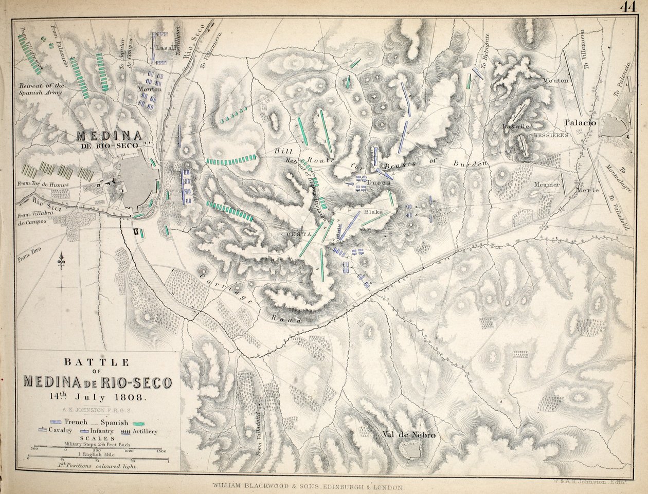 Kort over slaget ved Medina de Rio-Seco, udgivet af William Blackwood and Sons, Edinburgh og London, 1848 (håndkoloreret gravering) af Alexander Keith Johnston