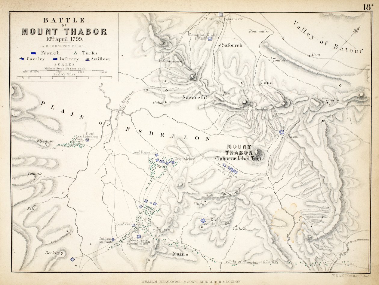 Kort over slaget ved Mount Thabor, udgivet af William Blackwood and Sons, Edinburgh og London, 1848 (håndfarvet gravering) af Alexander Keith Johnston