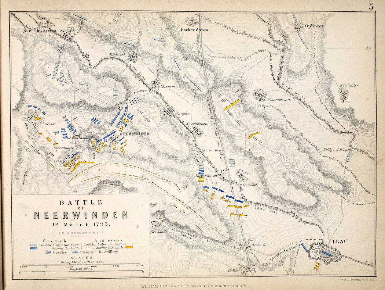 Kort over slaget ved Neerwinden, udgivet af William Blackwood and Sons, Edinburgh og London, 1848 (håndfarvet gravering) af Alexander Keith Johnston
