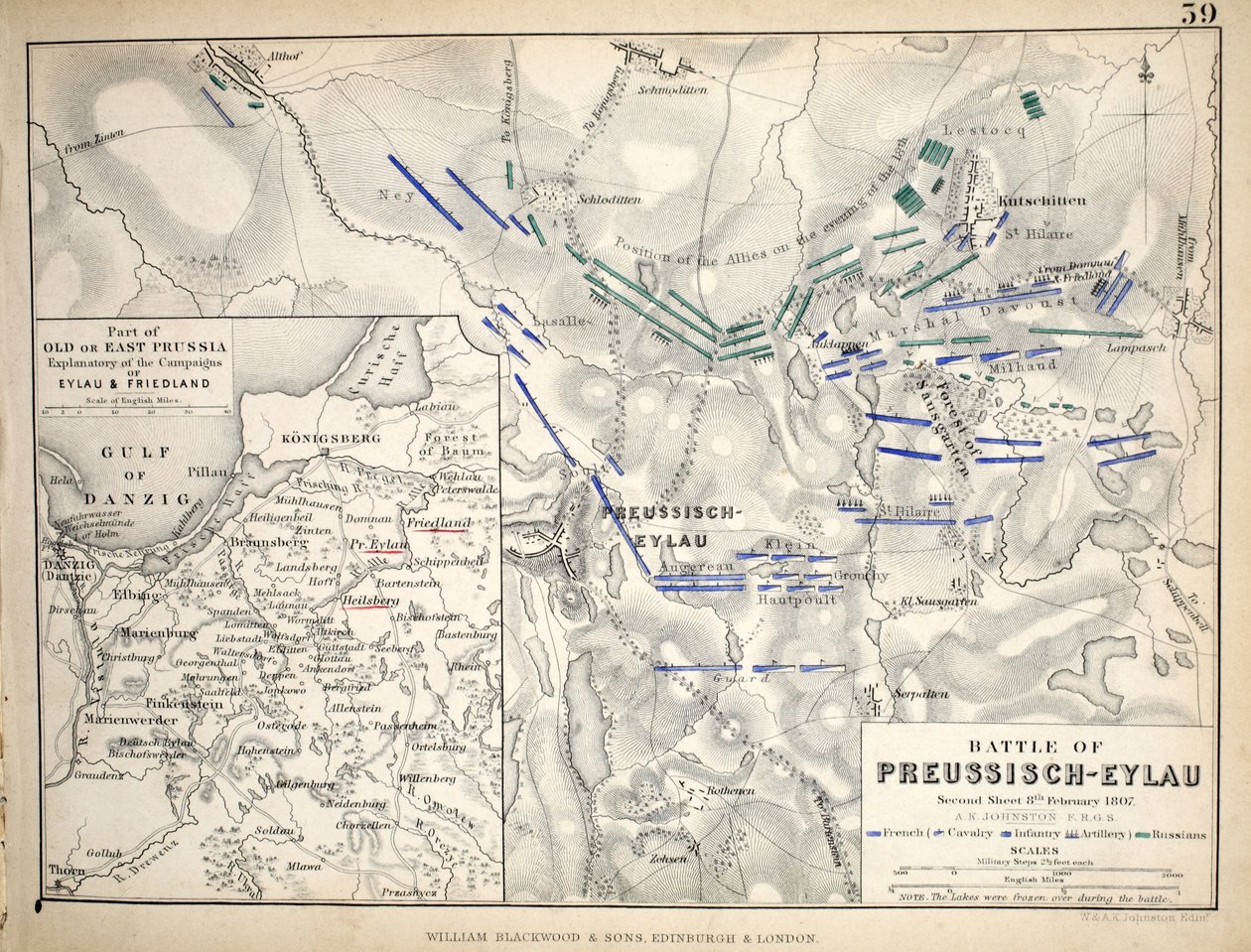 Kort over slaget ved Preussisch-Eylau, udgivet af William Blackwood and Sons, Edinburgh og London, 1848 (håndfarvet gravering) af Alexander Keith Johnston