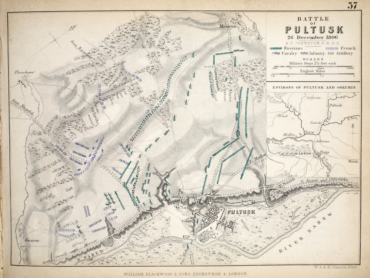 Kort over slaget ved Pultusk, udgivet af William Blackwood and Sons, Edinburgh og London, 1848 (håndfarvet gravering) af Alexander Keith Johnston