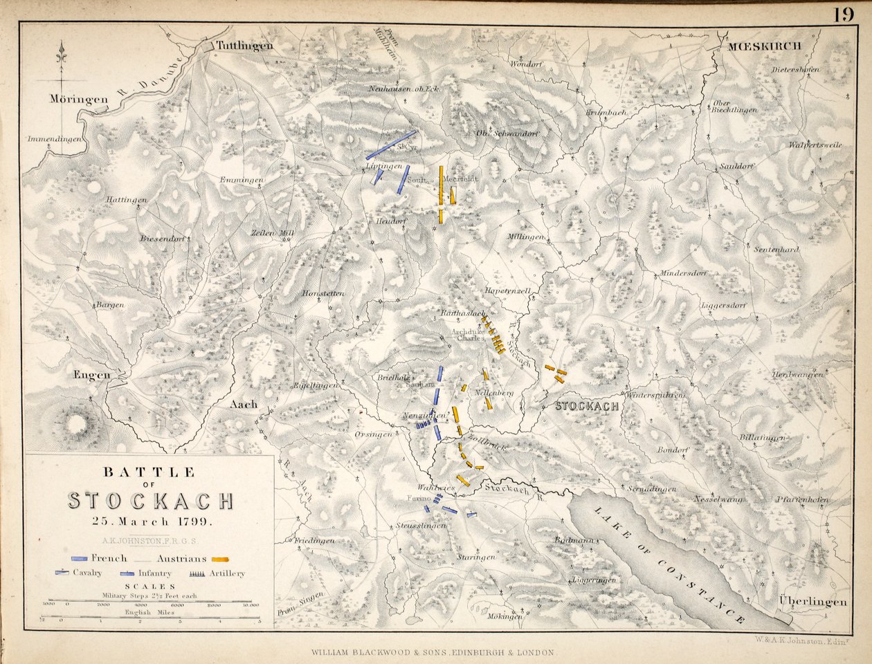 Kort over slaget ved Stockach, udgivet af William Blackwood and Sons, Edinburgh og London, 1848 (håndkoloreret gravering) af Alexander Keith Johnston