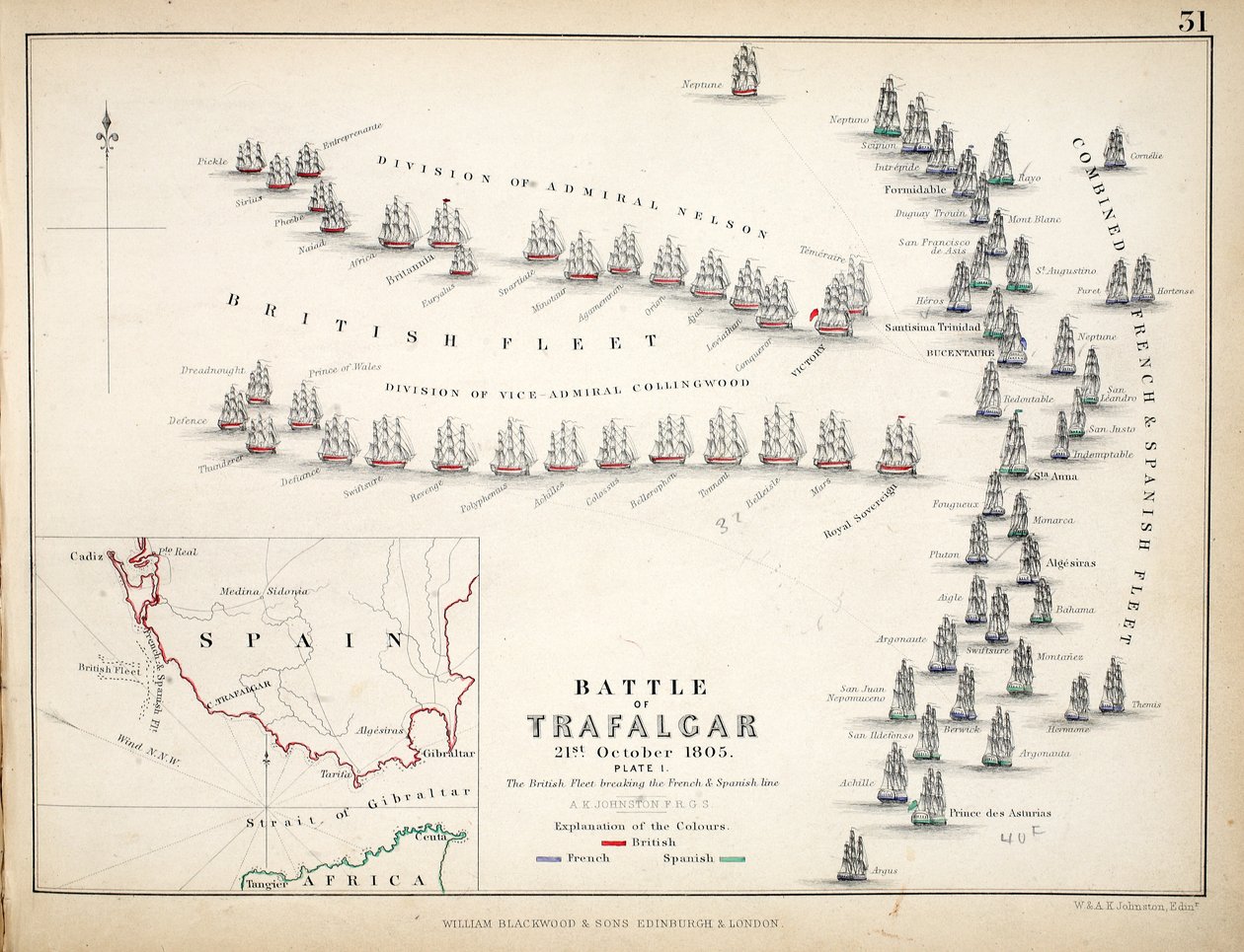 Kort over slaget ved Trafalgar, udgivet af William Blackwood and Sons, Edinburgh og London, 1848 (håndfarvet gravering) af Alexander Keith Johnston