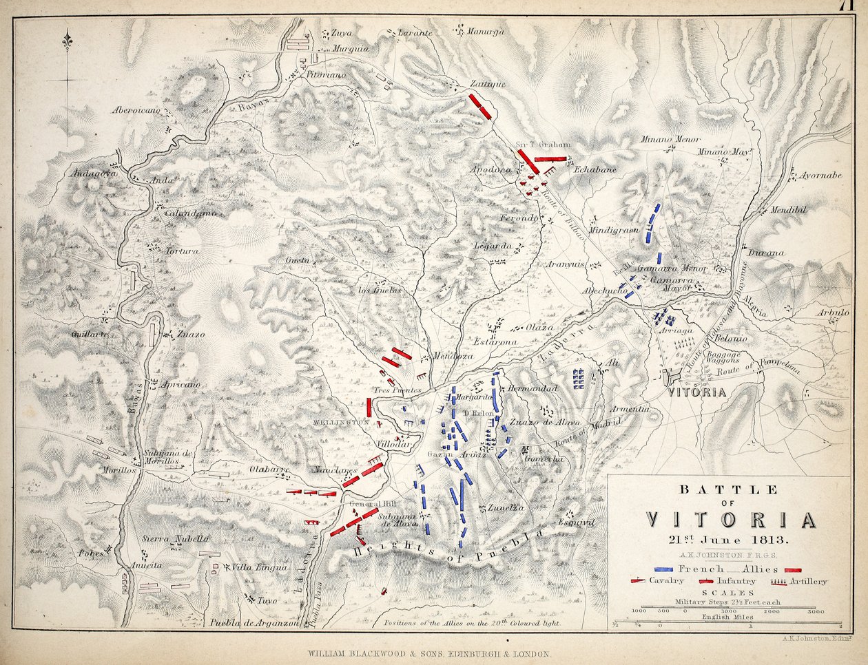 Kort over slaget ved Vitoria, udgivet af William Blackwood and Sons, Edinburgh og London, 1848 (håndkoloreret gravering) af Alexander Keith Johnston