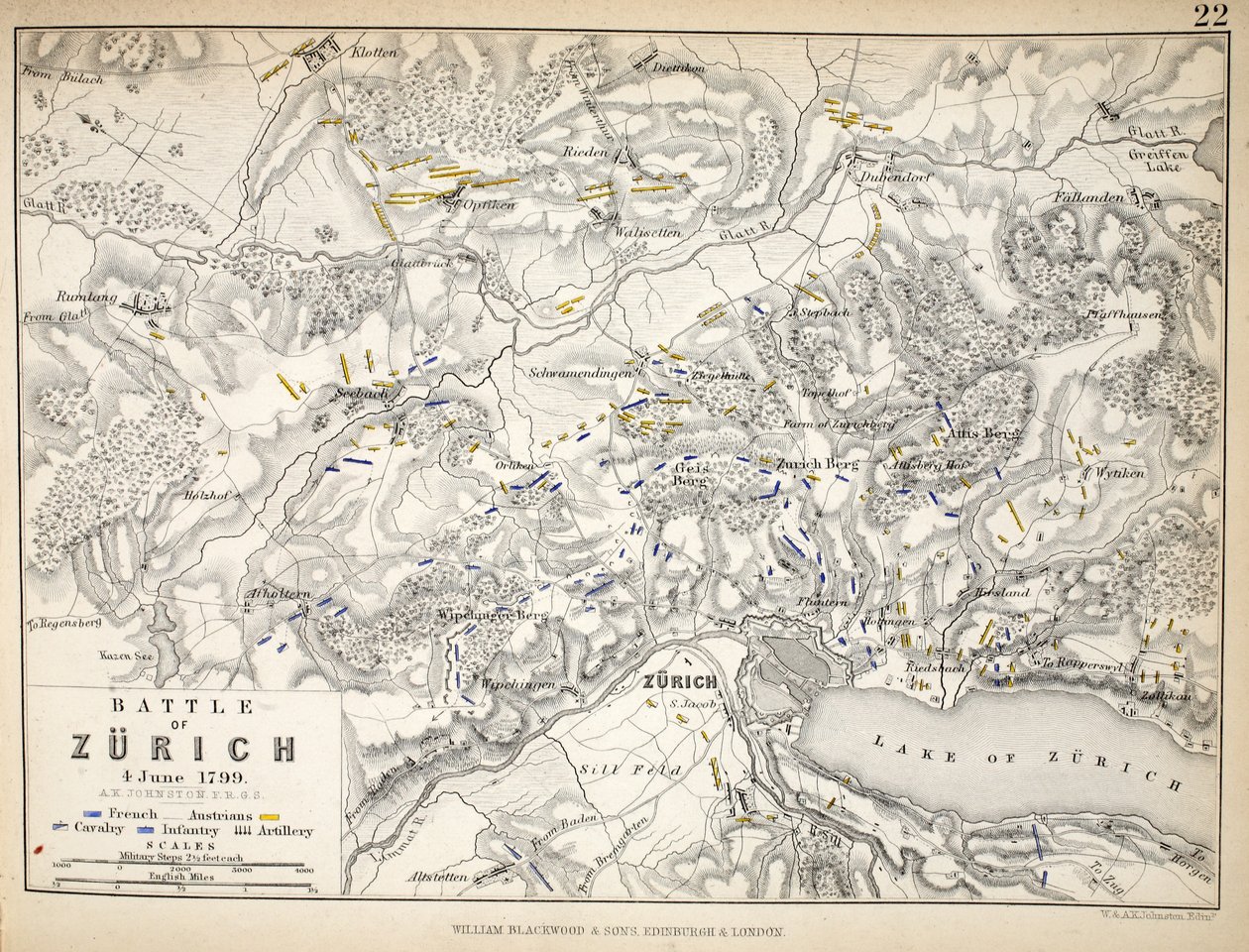 Kort over slaget ved Zürich, udgivet af William Blackwood and Sons, Edinburgh og London, 1848 (håndfarvet gravering) af Alexander Keith Johnston