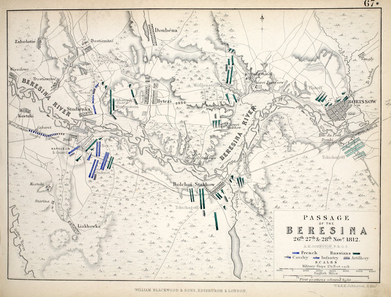 Kort over Passage of the Beresina, udgivet af William Blackwood and Sons, Edinburgh og London, 1848 (håndkoloreret gravering) af Alexander Keith Johnston