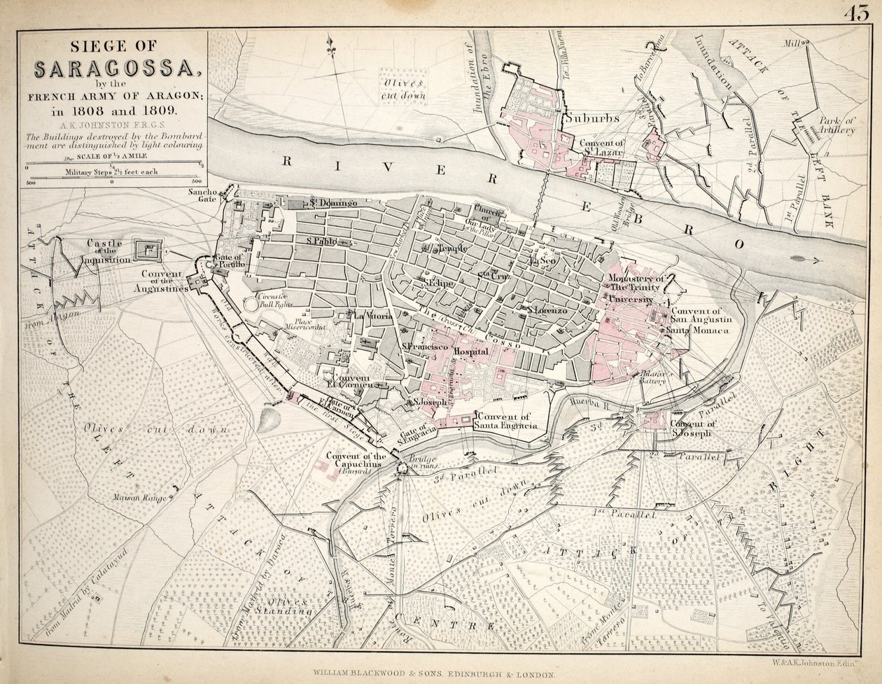 Kort over belejringen af Saragossa, udgivet af William Blackwood and Sons, Edinburgh og London, 1848 (håndfarvet gravering) af Alexander Keith Johnston