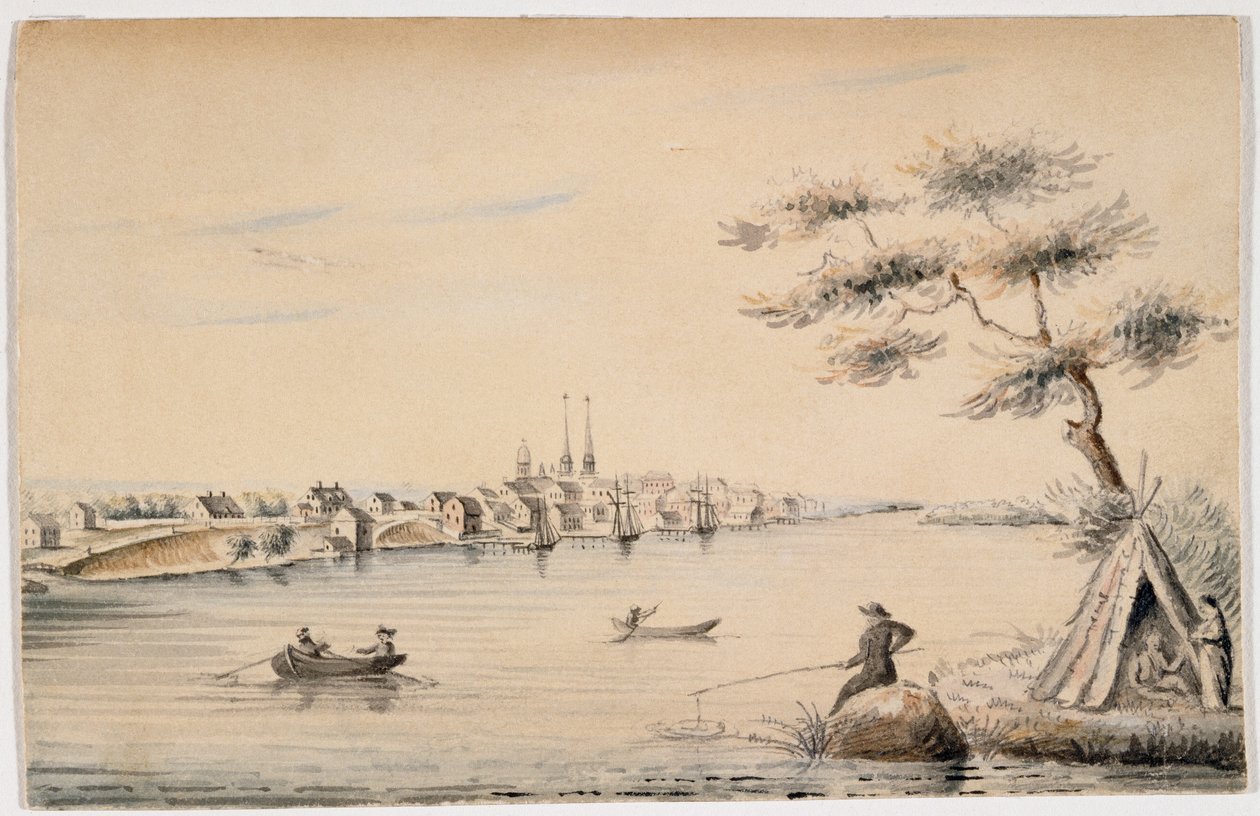 Detroit set fra den canadiske kyst i 1821 (sort blæk og wc over blyant på papir) af Alexander Macomb