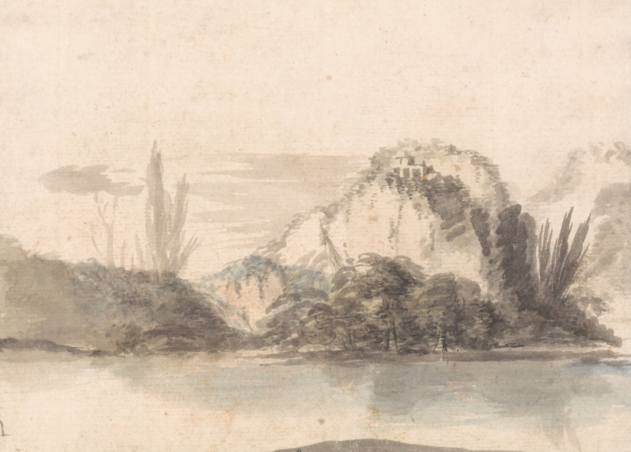 Et tempel, der ligger på et klippefremspring set over en sø af Alexander Runciman