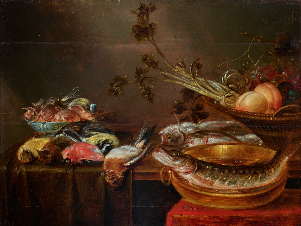 Stilleben med fisk, fugle og frugt af Alexander Adriaenssen