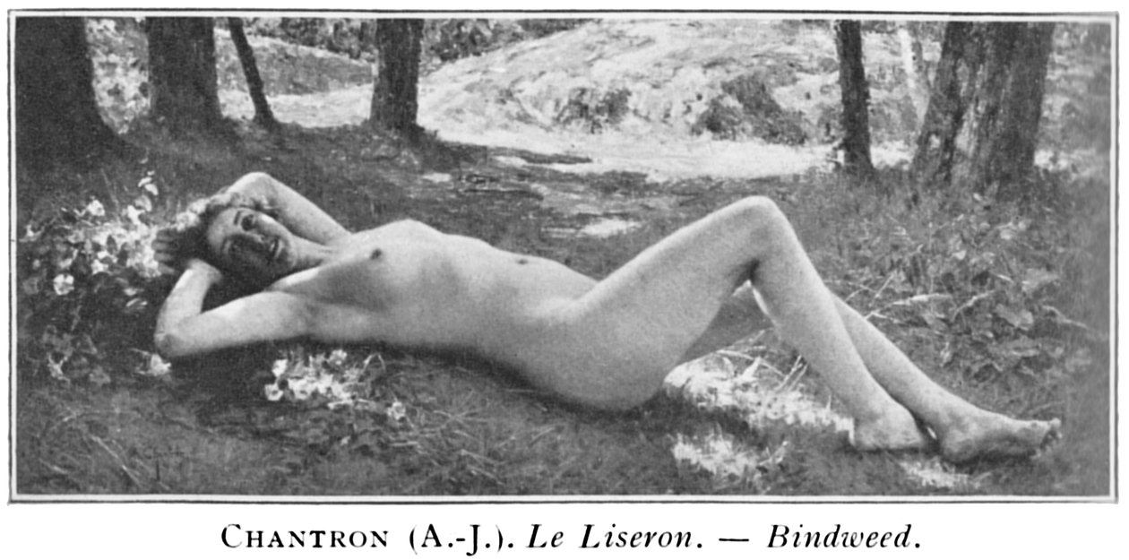 Sort / hvid foto af et maleri, der skildrer en nøgen kvinde, der ligger i en skov nær et stykke blomster med træer og et lavt vandfald i baggrunden af Alexandre Jacques Chantron