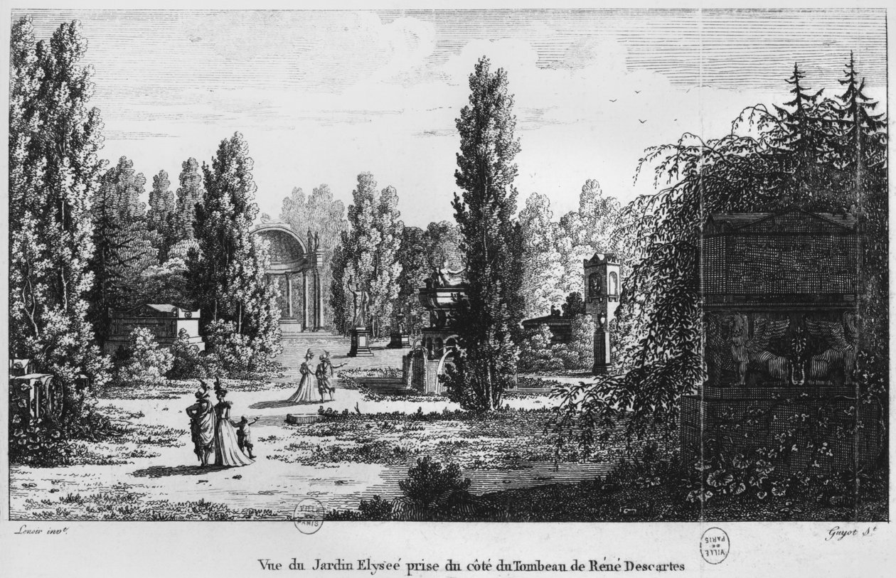 Musee des Monuments Francais, Paris, udsigt over Jardin Elysee fra Rene Descartes grav, indgraveret af Laurent Guyot (1756-1806) af Alexandre Marie Lenoir