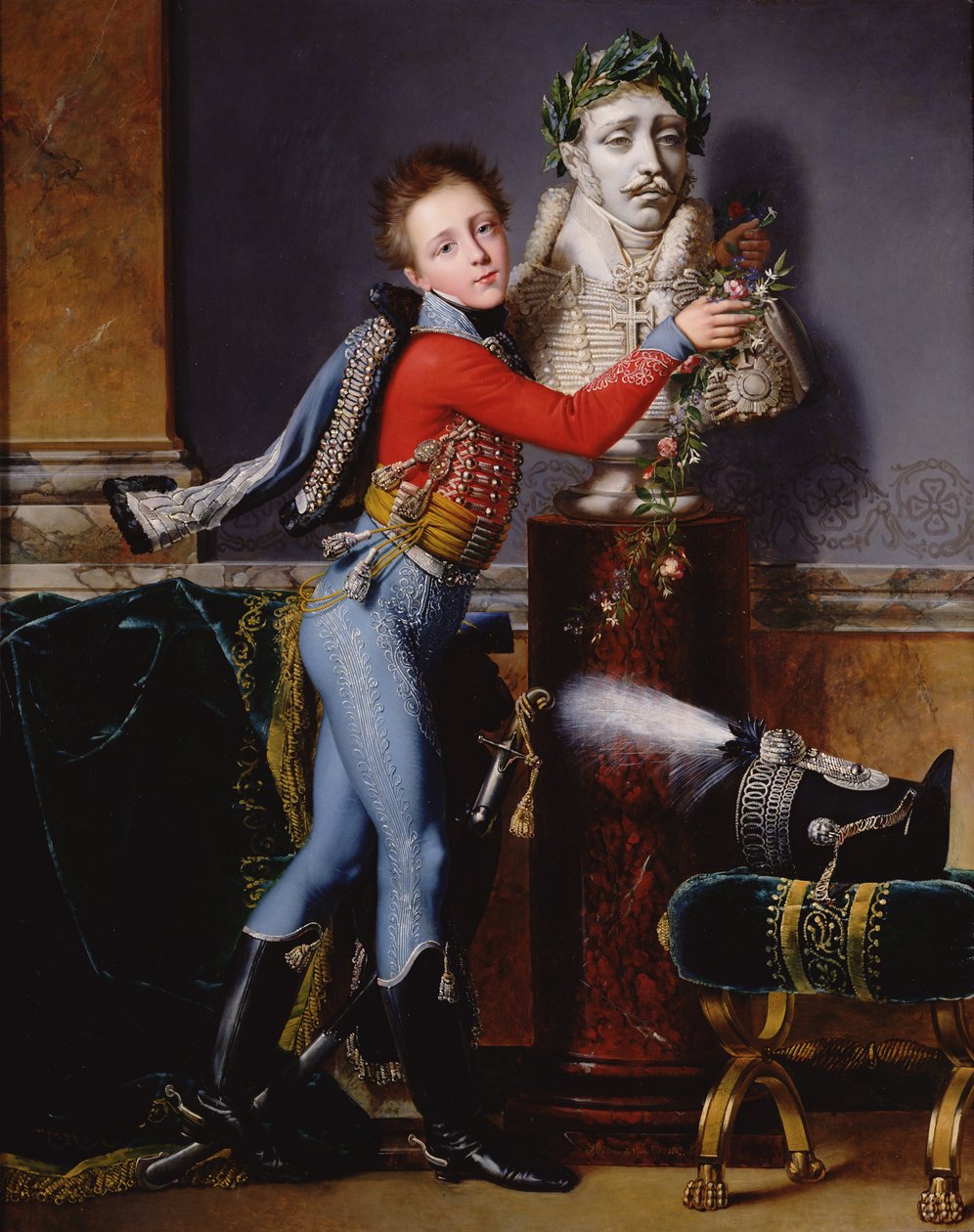 Portræt af Edouard Cesar de Laborde pynter sin fars buste med blomster, 1817 olie på lærred af Alexandre Jean Dubois Drahonet