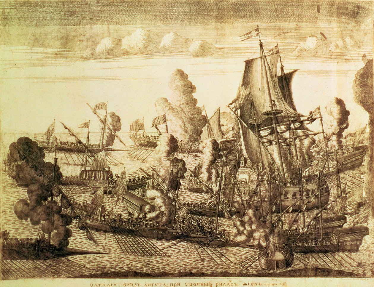 Slaget ved Cape Gangut (Hanko) den 25. juli 1714, 1715 (ætsning med gravering) af Alexei Fyodorovich Zubov