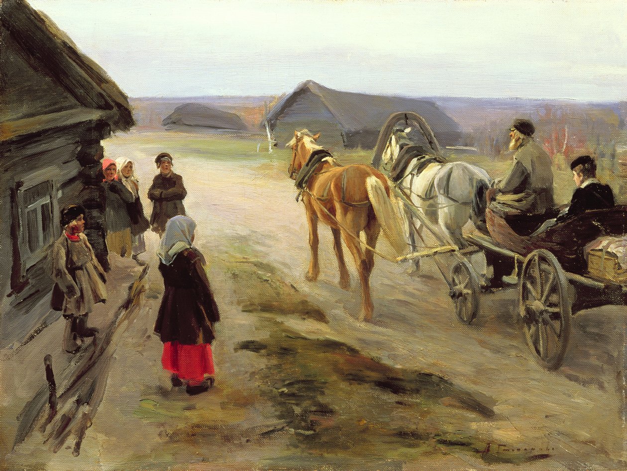 Ankomst af en skole-elskerinde på landet, c.1908-14 af Alexei Steipanovitch Stepanov