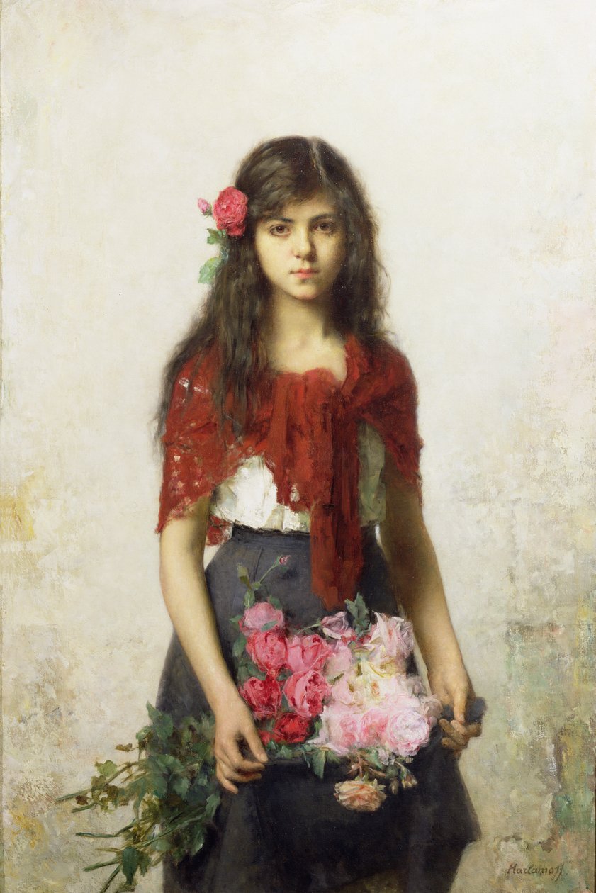 Ung pige med blomster af Alexei Alexevich Harlamoff
