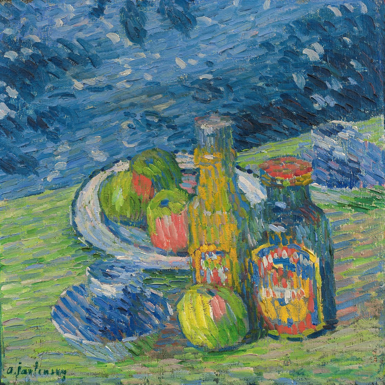 Stilleben med flasker og frugt, 1900. af Alexej von Jawlensky