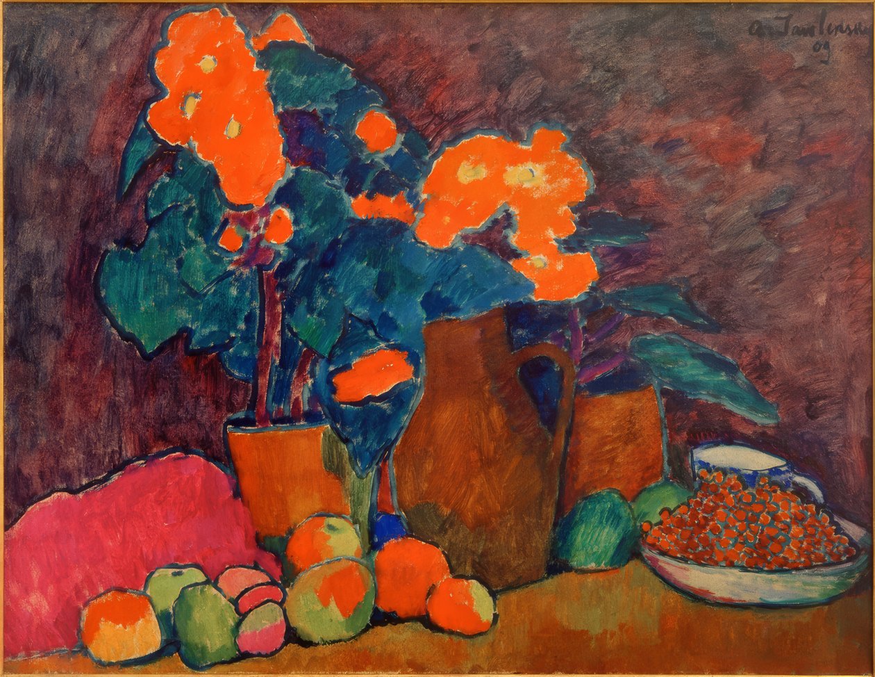 Stilleben med blomster, frugter og flaske af Alexej von Jawlensky