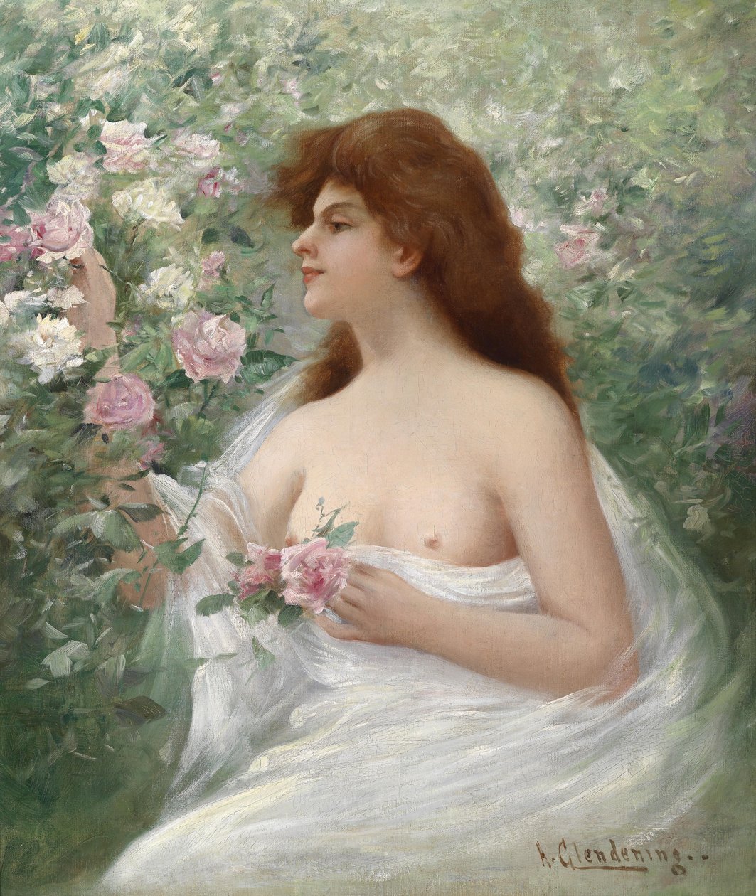 Ung kvinde plukker roser af Alfred Augustus Glendening
