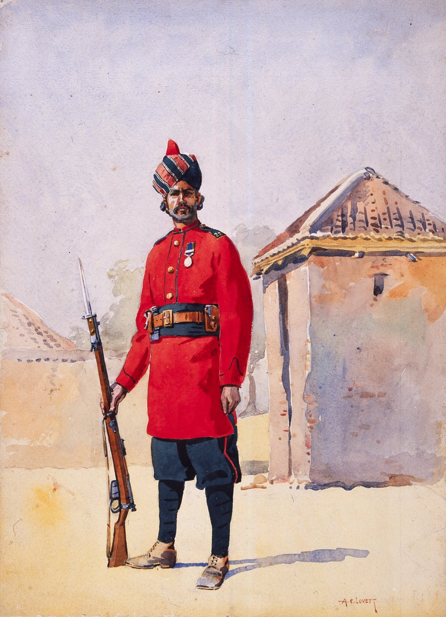 Soldat fra 22. Punjabis-afdeling Awan of Shahpur, illustration til "Armies of India" af major G.F. MacMunn, udgivet i 1911, 1908 af Alfred Crowdy Lovett