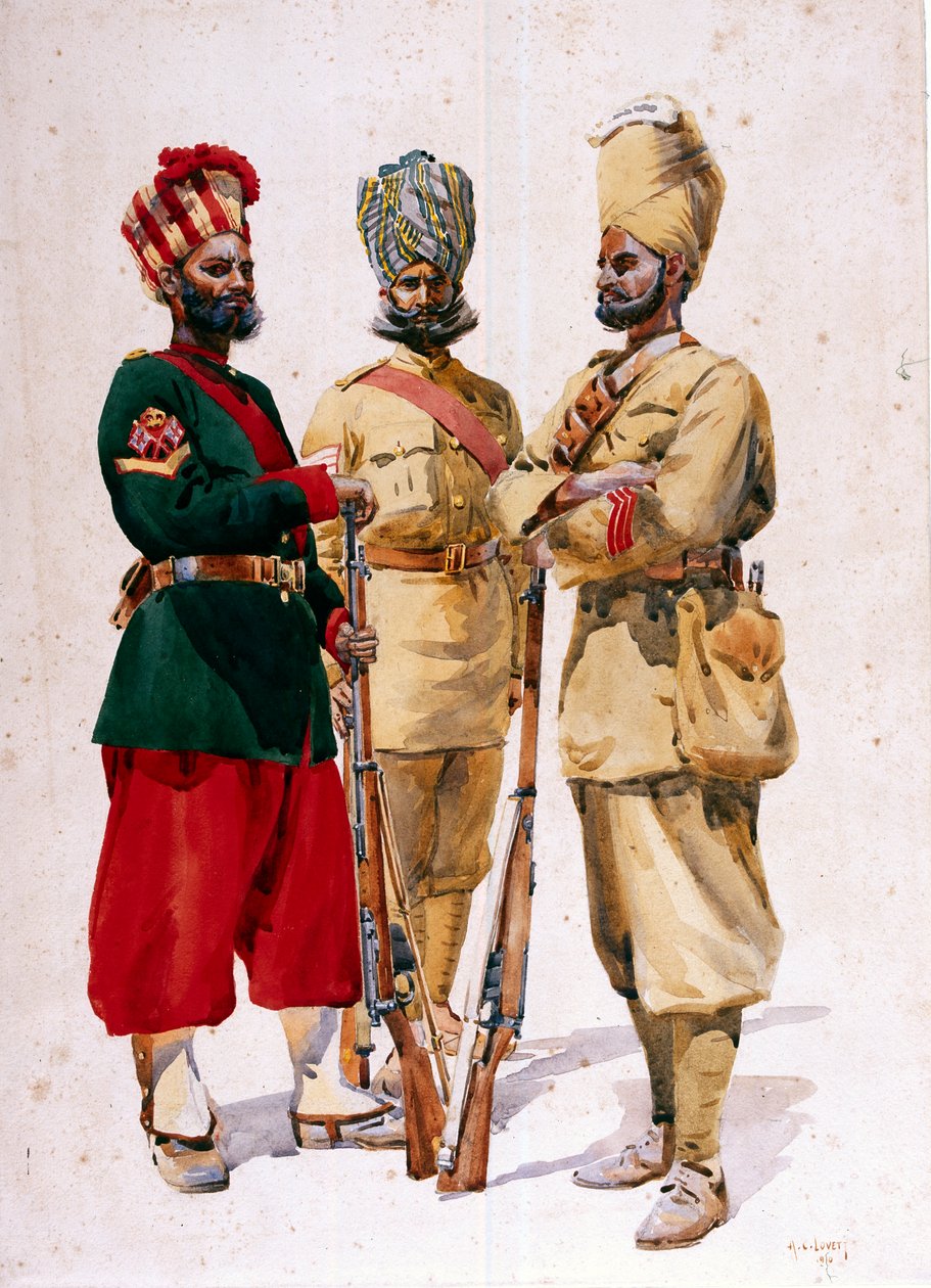Soldater fra 43. Erinpura-regiment, 44. Merwara-infanteri og 108. infanteri, illustration til 