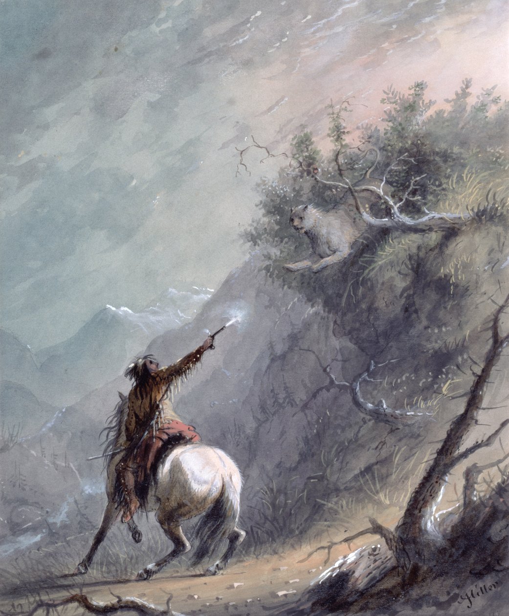 At skyde en Cougar (wc og gouache på papir) af Alfred Jacob Miller