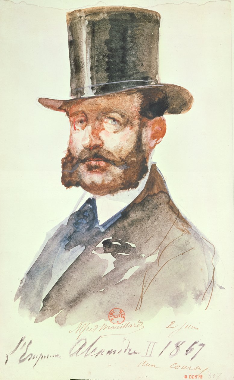 Kejser Alexander II (1818-81) ved løbene, 2. juni 1867 (pen og blæk og wc på papir) af Alfred Mouillard