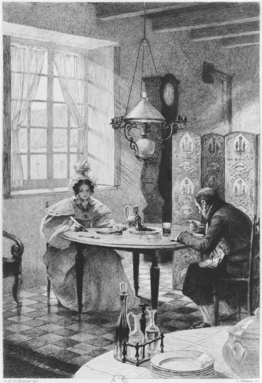 Emma og Charles Bovary, illustration fra "Madame Bovary" af Gustave Flaubert (1821-80), graveret af Carlo Chessa (1855-1925) 1905 af Alfred Paul Marie Richemont
