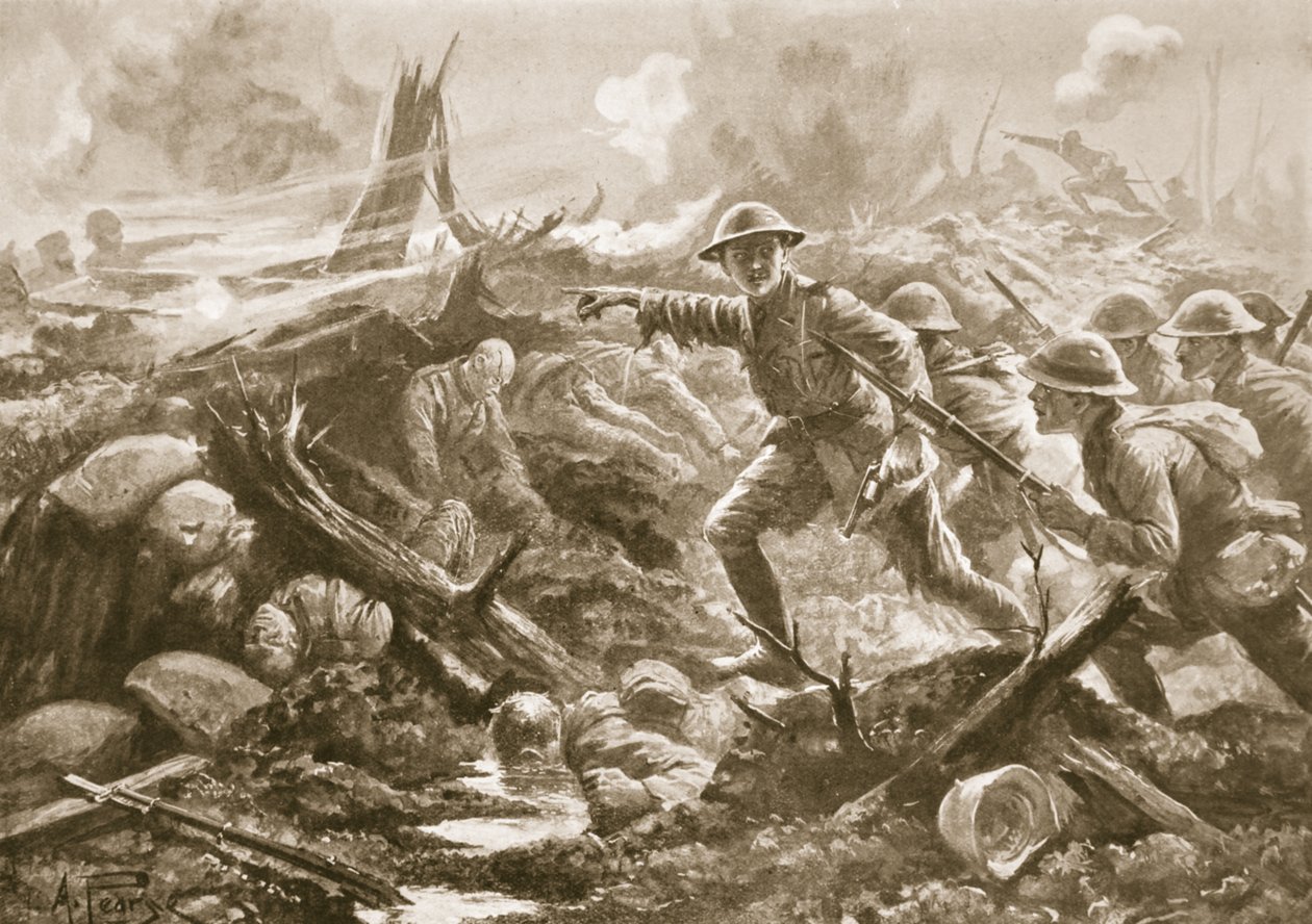 Løjtnant (midlertidig oberstløjtnant) R.B. Bradford, MC, samler mændene fra en anden bataljon og fører dem frem med sin egen bataljon af Alfred Pearse