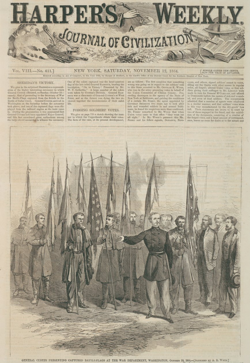 General Custer præsenterer fangede kampflag ved War Department, Washington, forsiden af 