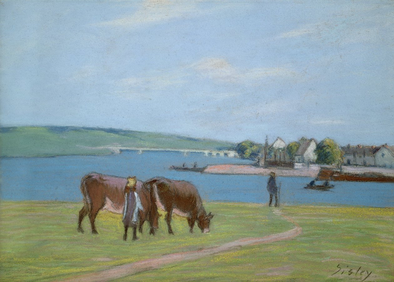 Køer på bredden af Seinen ved Saint-Mammes (pastel) af Alfred Sisley