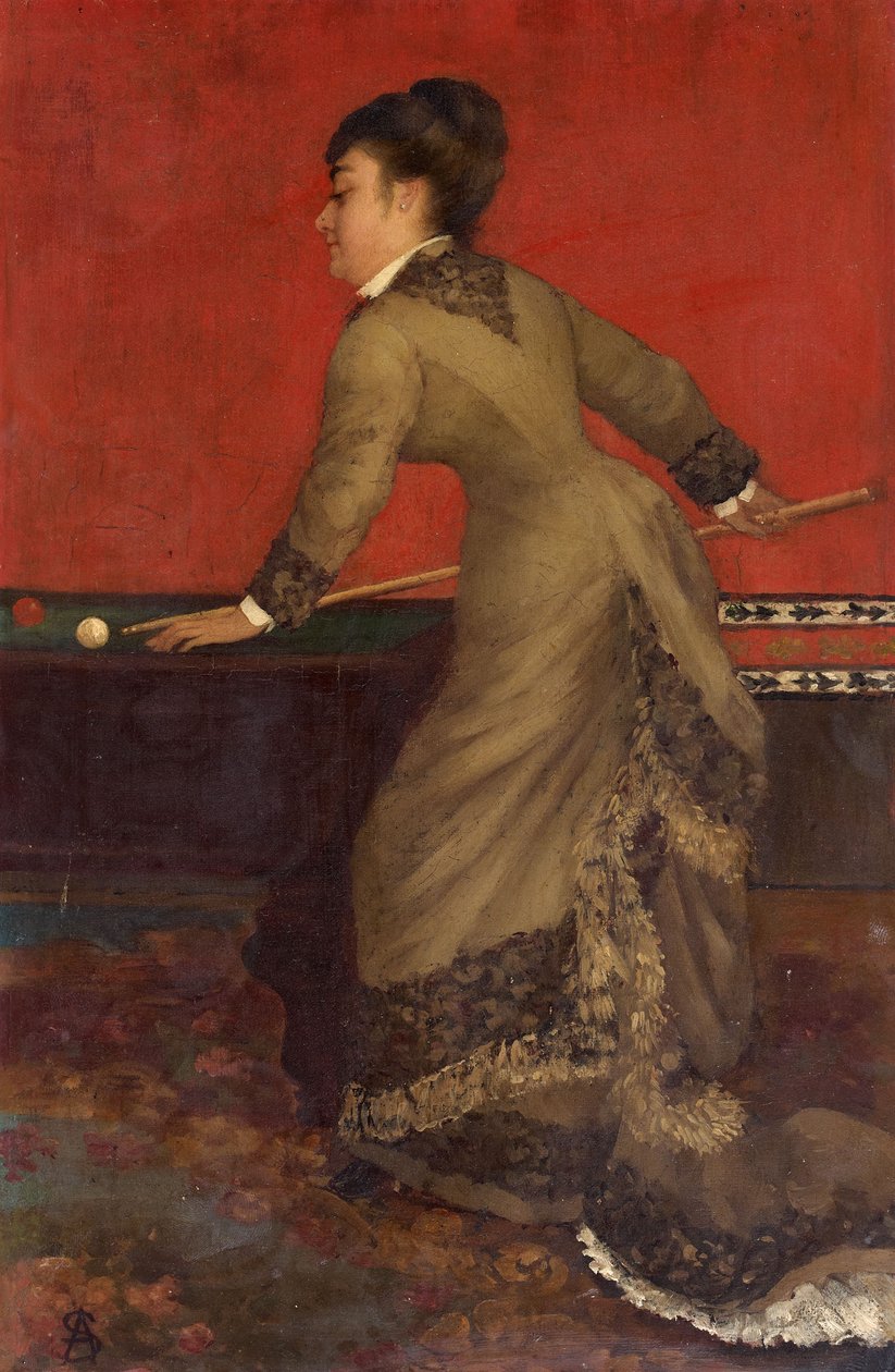 Elegant ved billard. En victoriansk aristokratisk kvinde, der spiller carom -billard. af Alfred Emile Stevens
