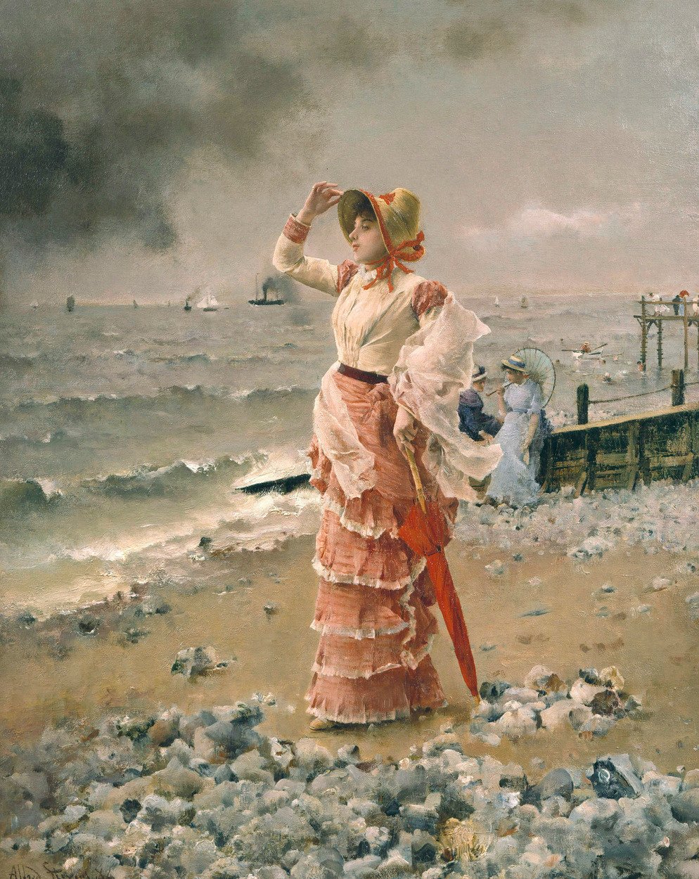 Elegant kvinde, der ser spinde en damp af Alfred Emile Stevens
