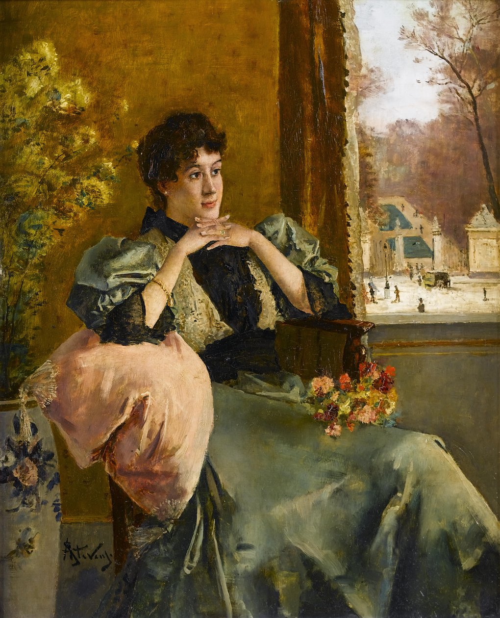 Tænkende kvinde nær et vindue af Alfred Emile Stevens