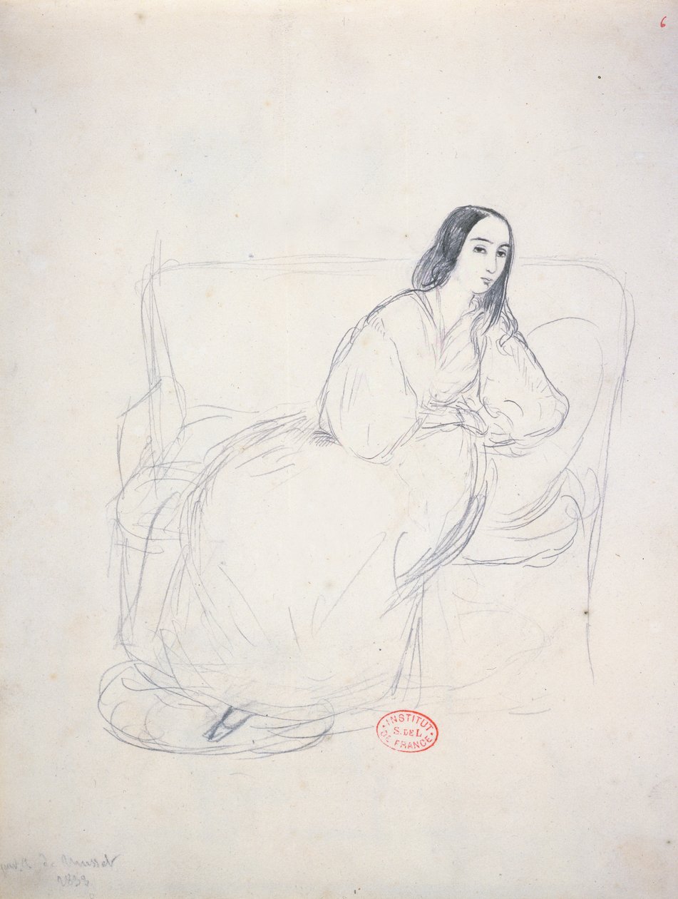 George Sand (1804-1876) siddende på en sofa, 1833 af Alfred de Musset