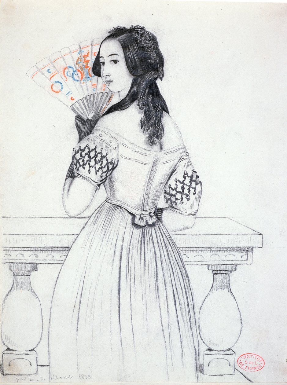George Sand (1804-76) med en fan, 1833 af Alfred de Musset
