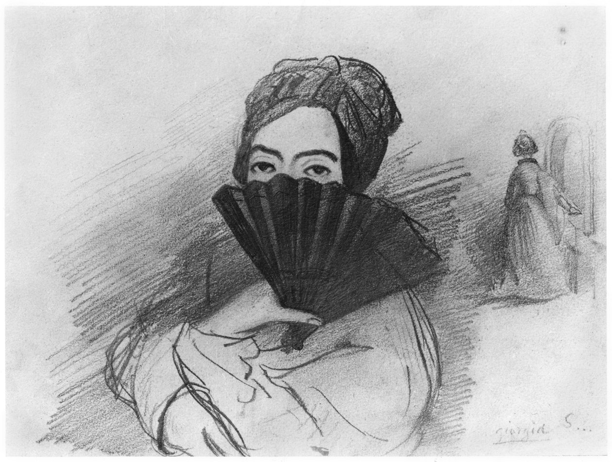 Portræt af George Sand (1804-76) bag hendes vifte af Alfred de Musset