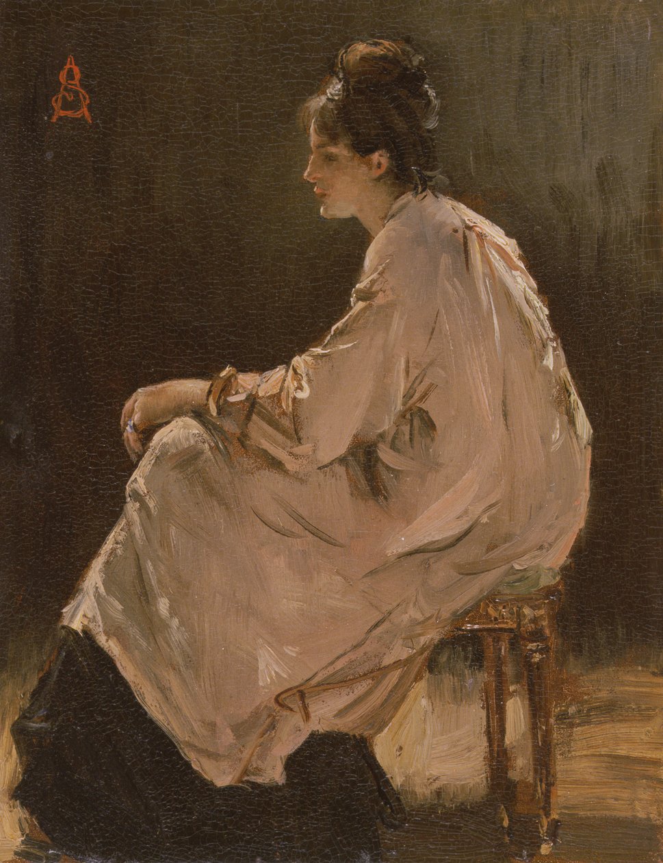 Siddende pige (olie på plade) af Alfred Emile Stevens
