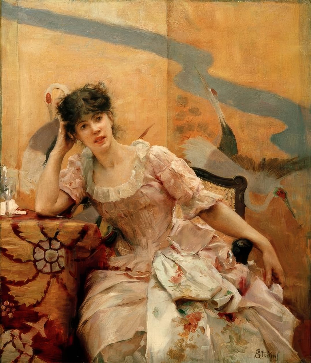 A.Stevens, Ung kvinde og japansk skærm af Alfred Emile Stevens