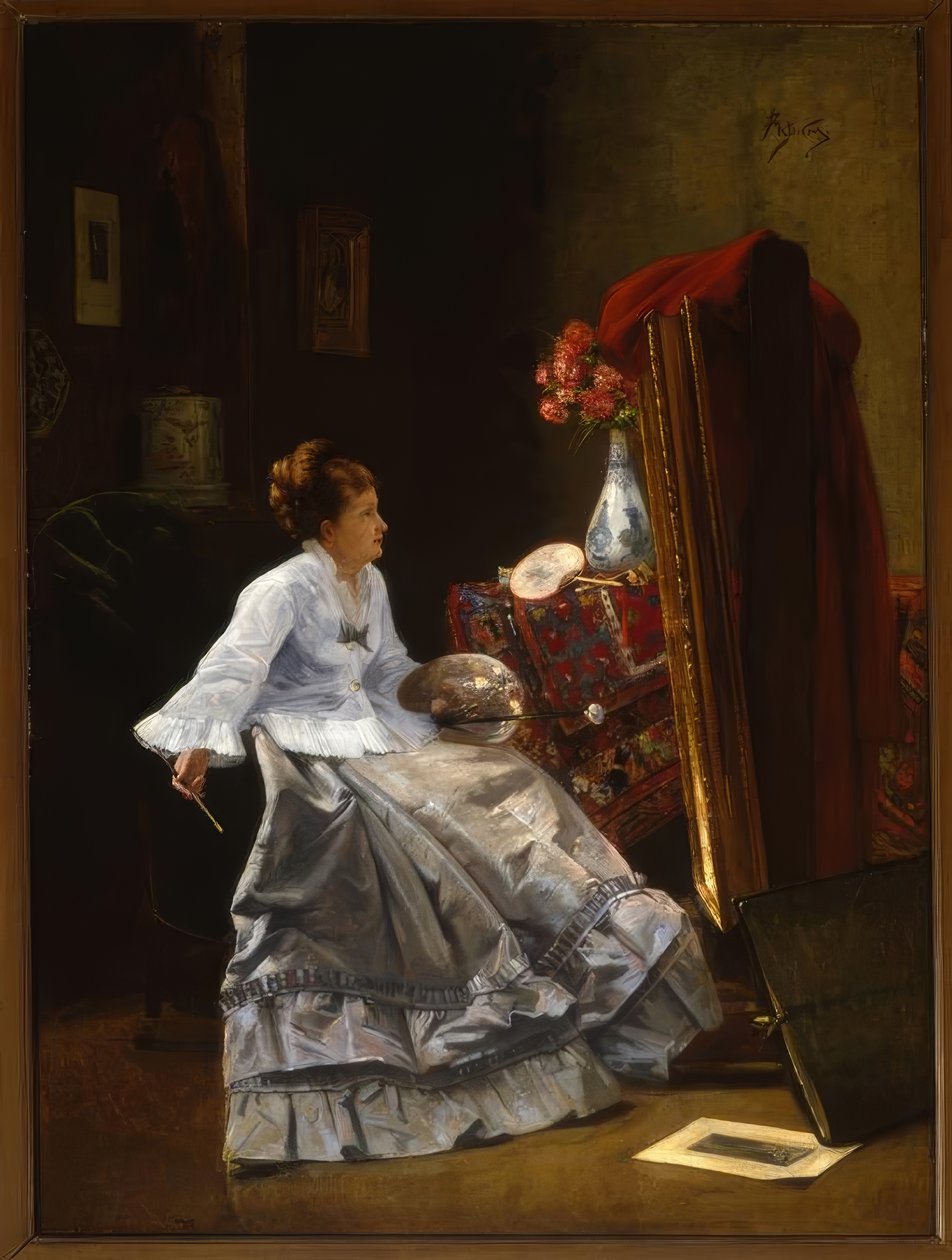 Tilskrevet A.Stevens, Lady at her Staffeli / Maleri af Alfred Emile Stevens