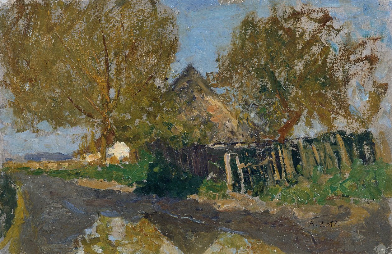 Landsbygade med gård under træer af Alfred Zoff