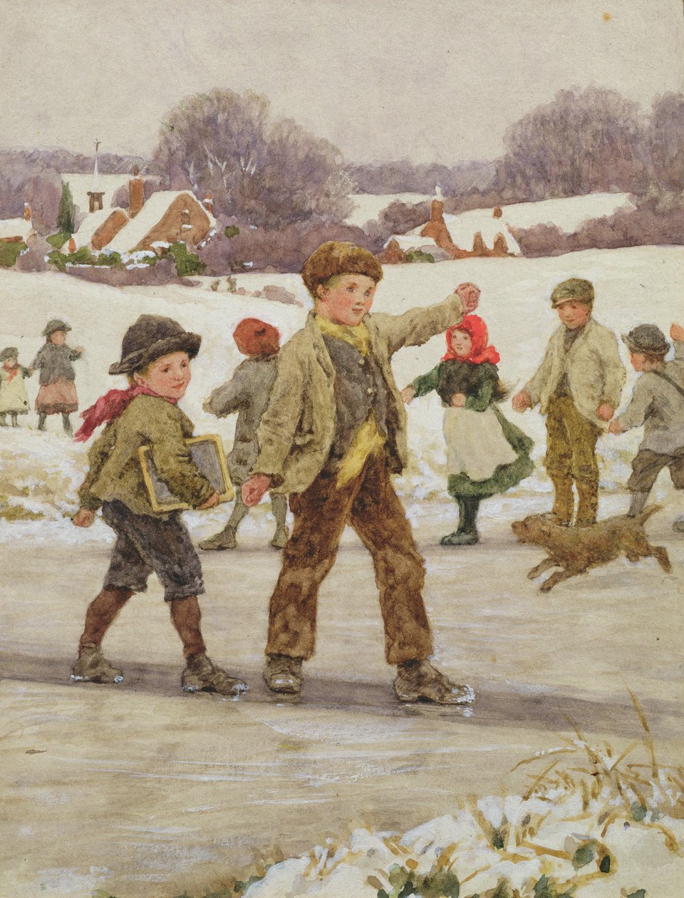 Børn, der glider på en dam (wc på kort) af Alice Clausen