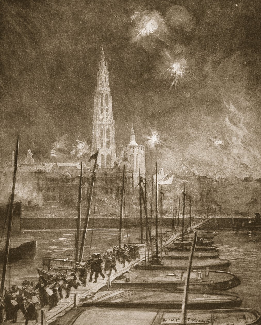 Flygtninge fra Antwerpen krydser Pontonbroen over Schelde af Alick P. F. Ritchie