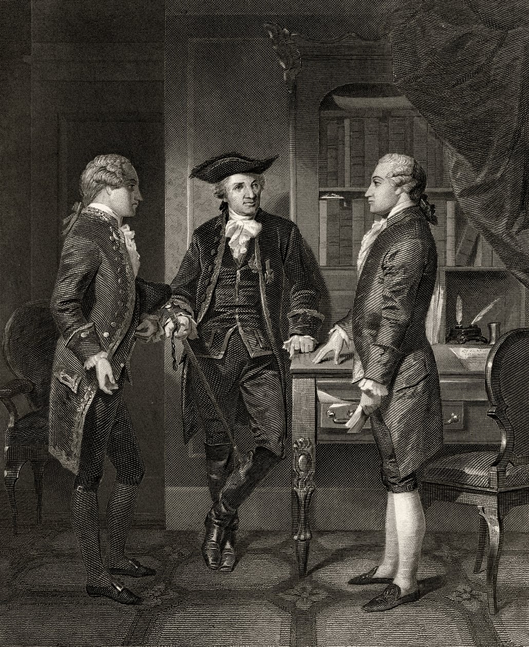Baron de Kalb (i midten) introducerer Lafayette til Silas Dean, fra 