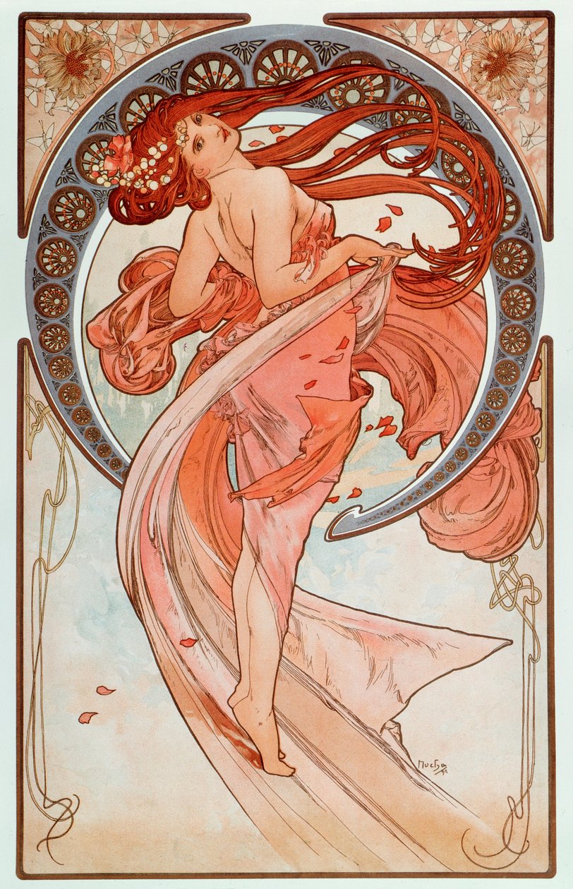 La danse Lithographs-serien af Alphonse Mucha (1860-1939), 1898 - "" Dansen"" Fra en serie litografier af Alphonse Mucha, 1898 Dim 38x60 cm Privat samling af Alphonse Mucha