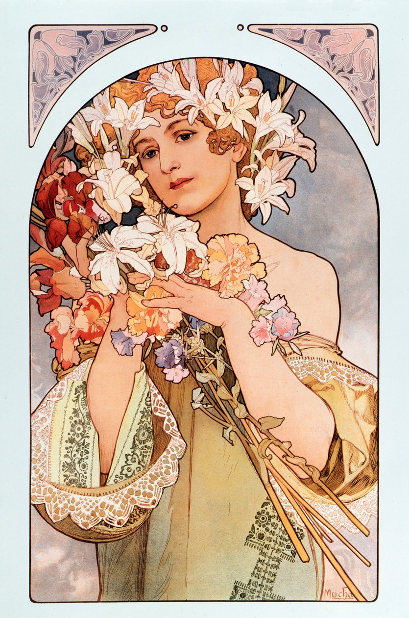 Plakat af Alphonse Mucha (1860-1939) med titlen “Blomsten””, serie af litografier på blomster, 1897 - Plakat af Alphonse Mucha: “Blomsten” fra blomsterserien, 1897 Dim 44x66 cm Privat samling af Alphonse Mucha
