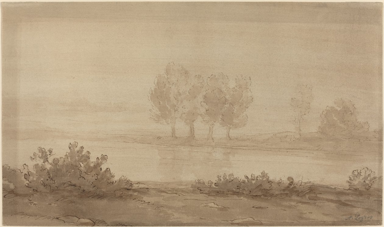 Landskab - Fire træer hinsides en flod. af Alphonse Legros